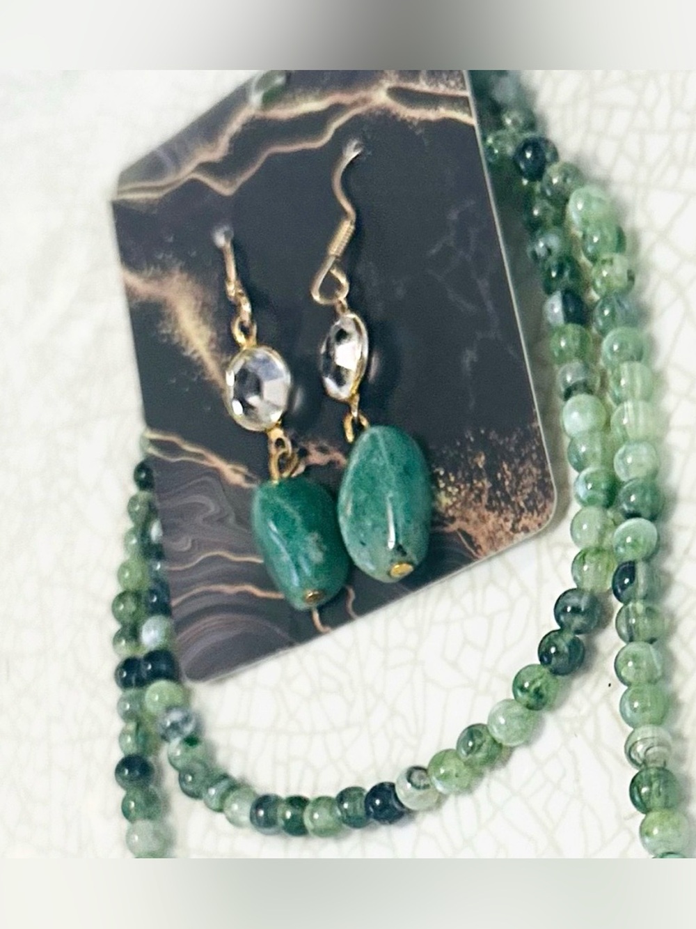 Jade-Tone Beaded Necklace With Beautiful Drop Earrings- SET